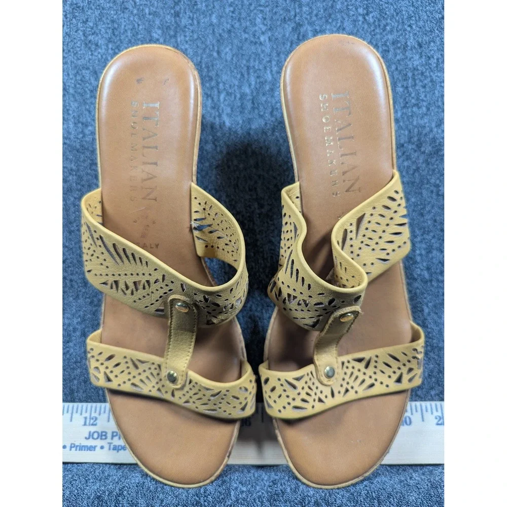 Italian Shoemakers Womens Yellow Laser Cut Wedge Sandals Made in Italy Size 9